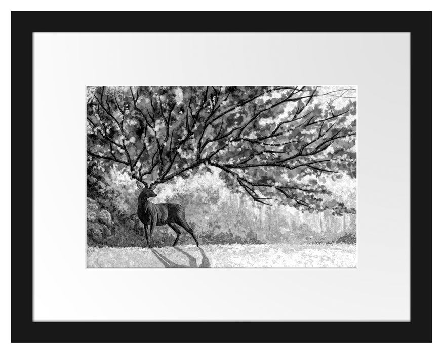 Pixxprint Fantasievoller Hirsch mit Baumgeweih, Monochrome, im Galerie-Passepartout Bilderrahmen