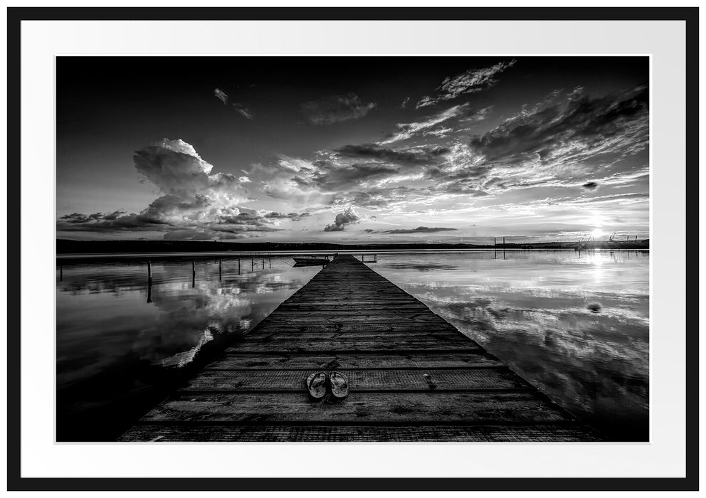 Steg am See bei Sonnenuntergang, Monochrome Passepartout Rechteckig 100