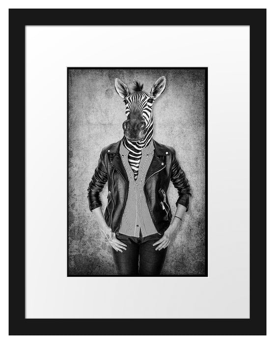 Pixxprint Zebrakopf Menschenkörper mit Lederjacke, Monochrome, im Galerie-Passepartout Bilderrahmen