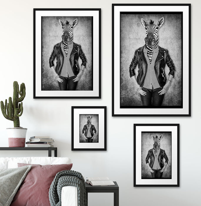 Zebrakopf Menschenkörper mit Lederjacke, Monochrome Passepartout Wohnzimmer Rechteckig