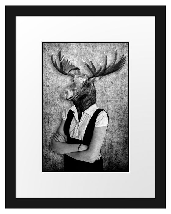 Pixxprint Elchkopf mit Menschenkörper, Monochrome, im Galerie-Passepartout Bilderrahmen
