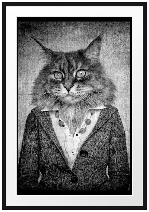 Katzenkopf mit Menschenkörper Blazer, Monochrome Passepartout Rechteckig 100