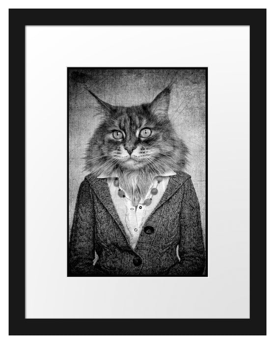 Pixxprint Katzenkopf mit Menschenkörper Blazer, Monochrome, im Galerie-Passepartout Bilderrahmen