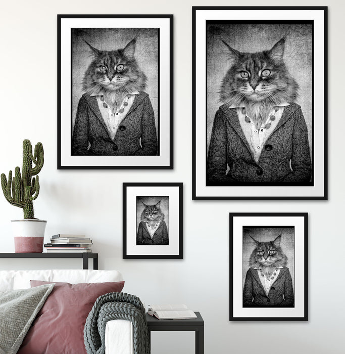 Katzenkopf mit Menschenkörper Blazer, Monochrome Passepartout Wohnzimmer Rechteckig