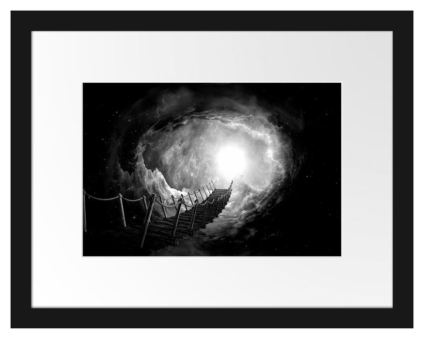 Pixxprint Fantasie Brücke in den Himmel, Monochrome, im Galerie-Passepartout Bilderrahmen