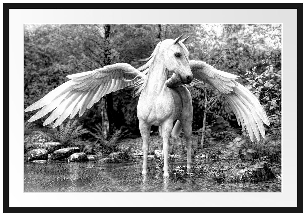 Pegasus im Fluss eines Herbstwaldes, Monochrome Passepartout Rechteckig 100