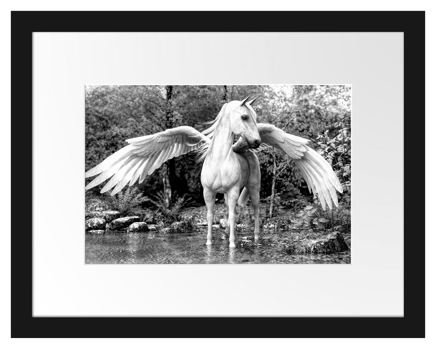 Pixxprint Pegasus im Fluss eines Herbstwaldes, Monochrome, im Galerie-Passepartout Bilderrahmen