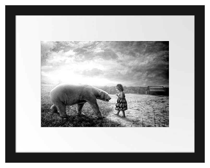 Pixxprint Eisbär im Sommer und Mädchen im Winter, Monochrome, im Galerie-Passepartout Bilderrahmen