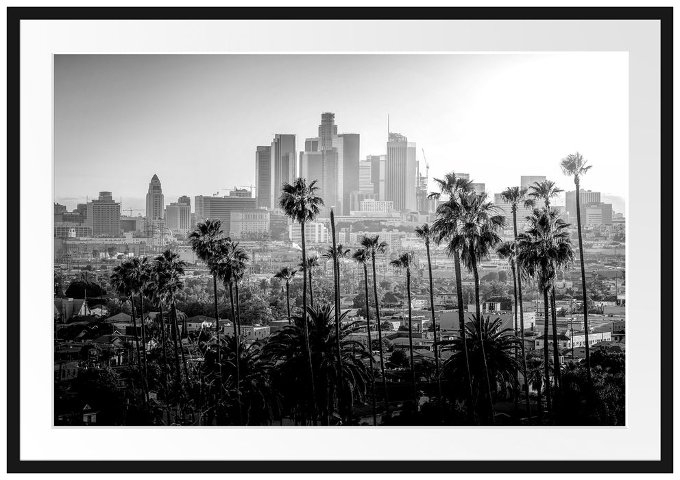 Palmen vor Skyline von Los Angeles, Monochrome Passepartout Rechteckig 100