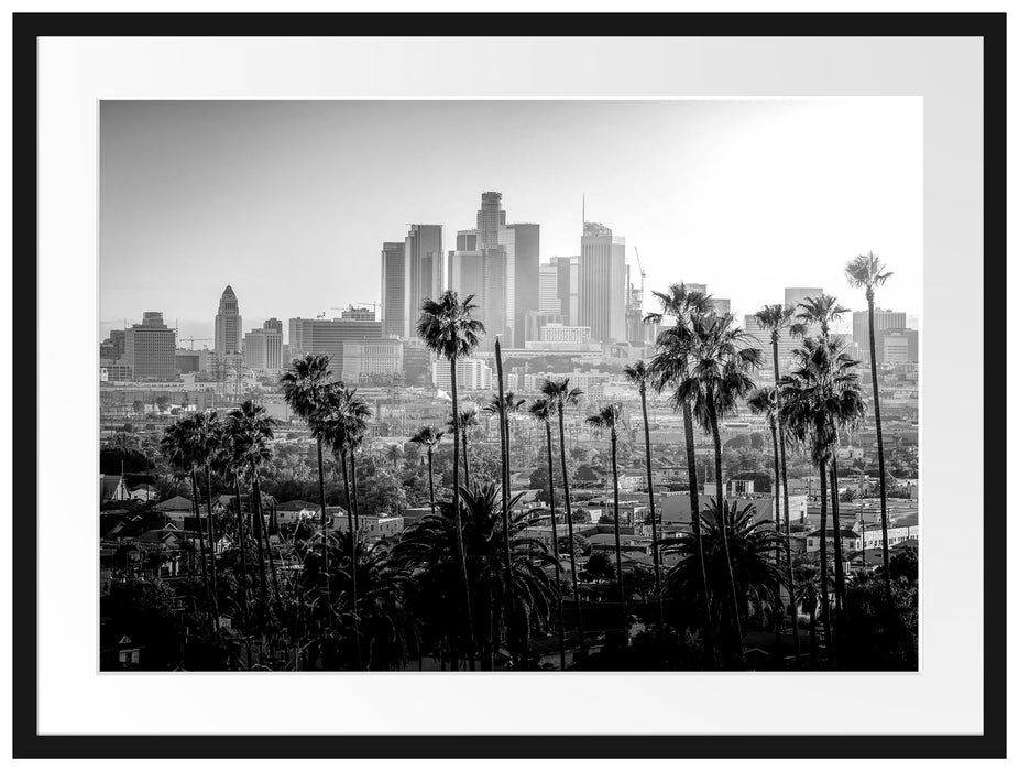 Palmen vor Skyline von Los Angeles, Monochrome Passepartout Rechteckig 80