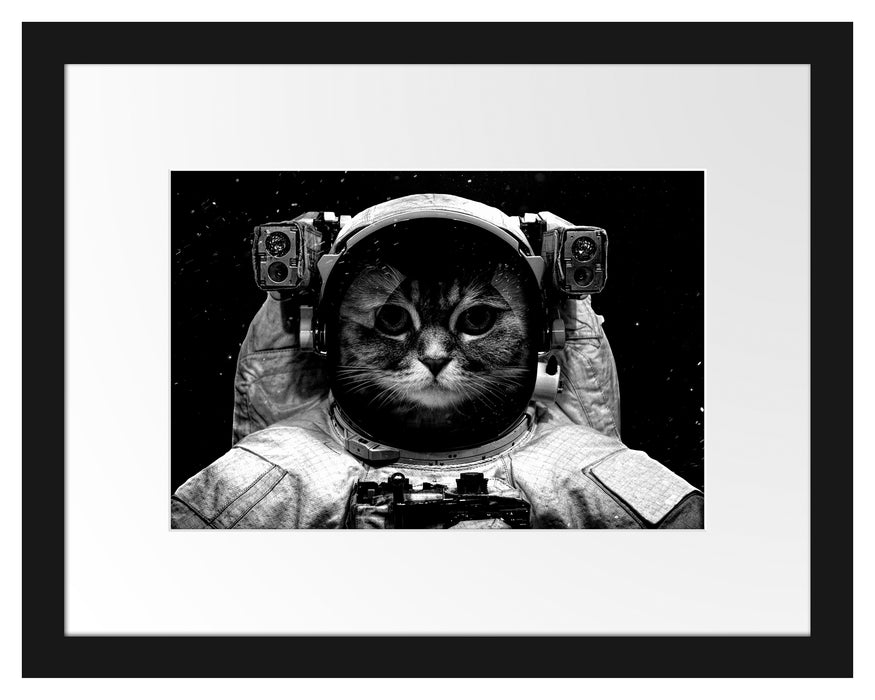 Pixxprint Astronautenkatze im Weltraum, Monochrome, im Galerie-Passepartout Bilderrahmen