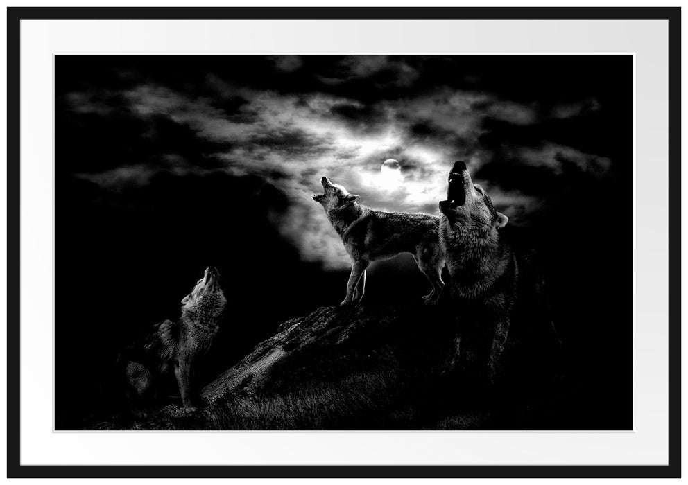 Heulende Wölfe bei Mondschein, Monochrome Passepartout Rechteckig 100