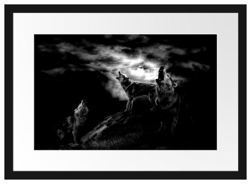 Heulende Wölfe bei Mondschein, Monochrome Passepartout Rechteckig 40