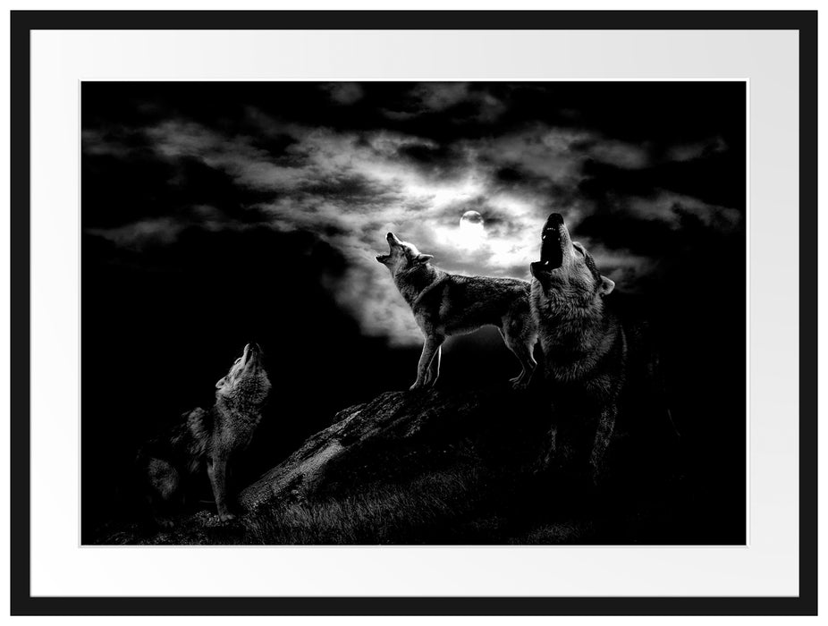 Heulende Wölfe bei Mondschein, Monochrome Passepartout Rechteckig 80