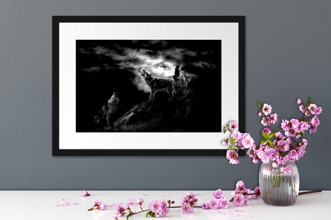 Heulende Wölfe bei Mondschein, Monochrome Passepartout Detail Rechteckig