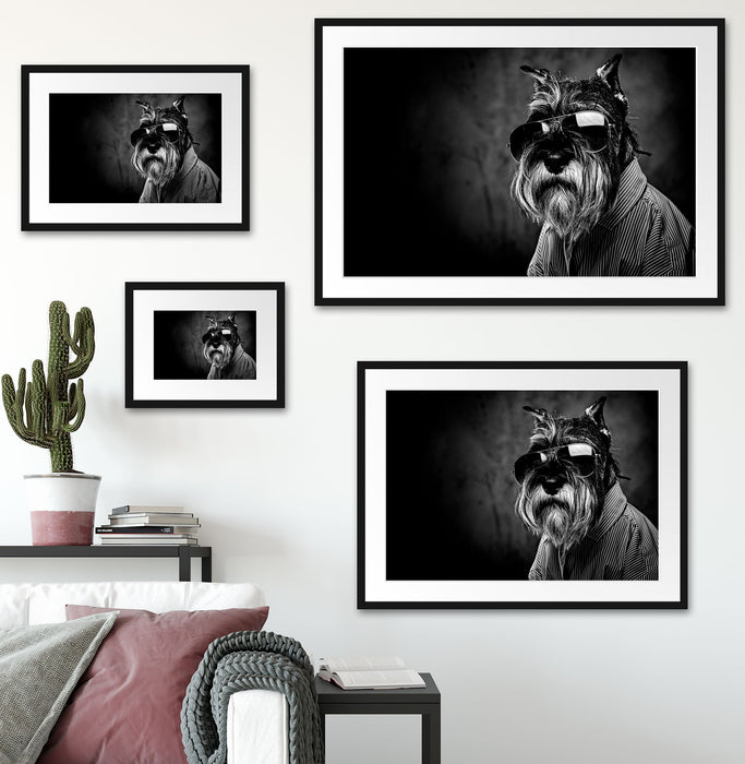 Lustiger Hund mit Hemd und Sonnenbrille, Monochrome Passepartout Wohnzimmer Rechteckig