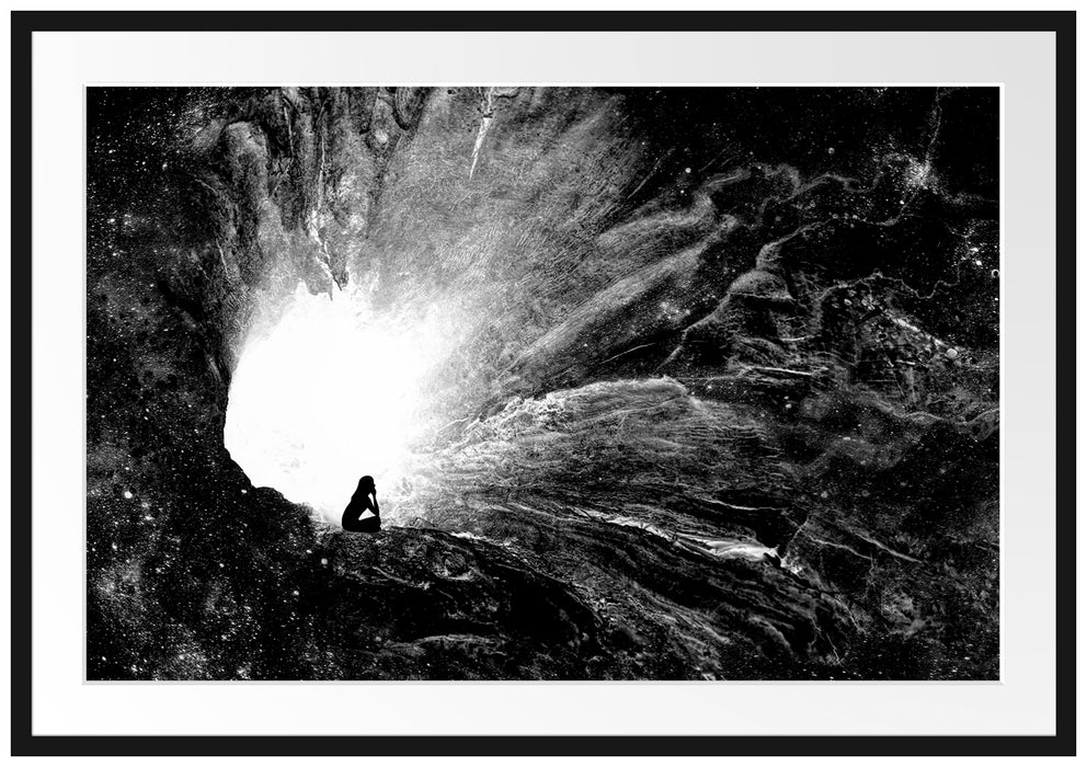 meditierende Frau vor Loch in Galaxie, Monochrome Passepartout Rechteckig 100