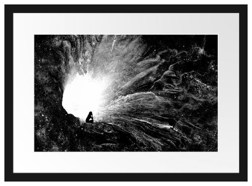 meditierende Frau vor Loch in Galaxie, Monochrome Passepartout Rechteckig 40