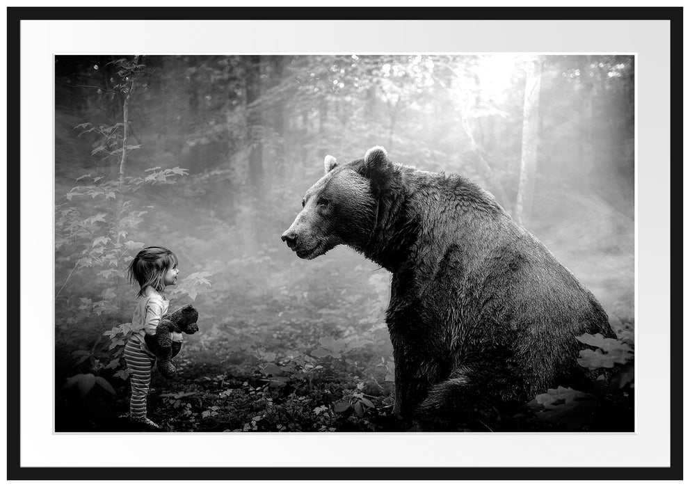 Mädchen mit Teddy und Bär im Wald, Monochrome Passepartout Rechteckig 100
