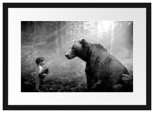 Mädchen mit Teddy und Bär im Wald, Monochrome Passepartout Rechteckig 40