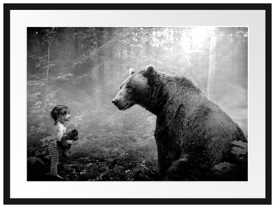 Mädchen mit Teddy und Bär im Wald, Monochrome Passepartout Rechteckig 80