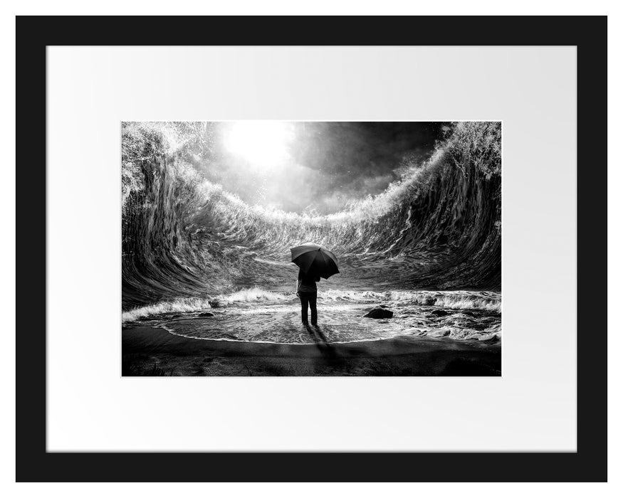 Pixxprint Hohe Wellen um Menschen mit Regenschirm, Monochrome, im Galerie-Passepartout Bilderrahmen