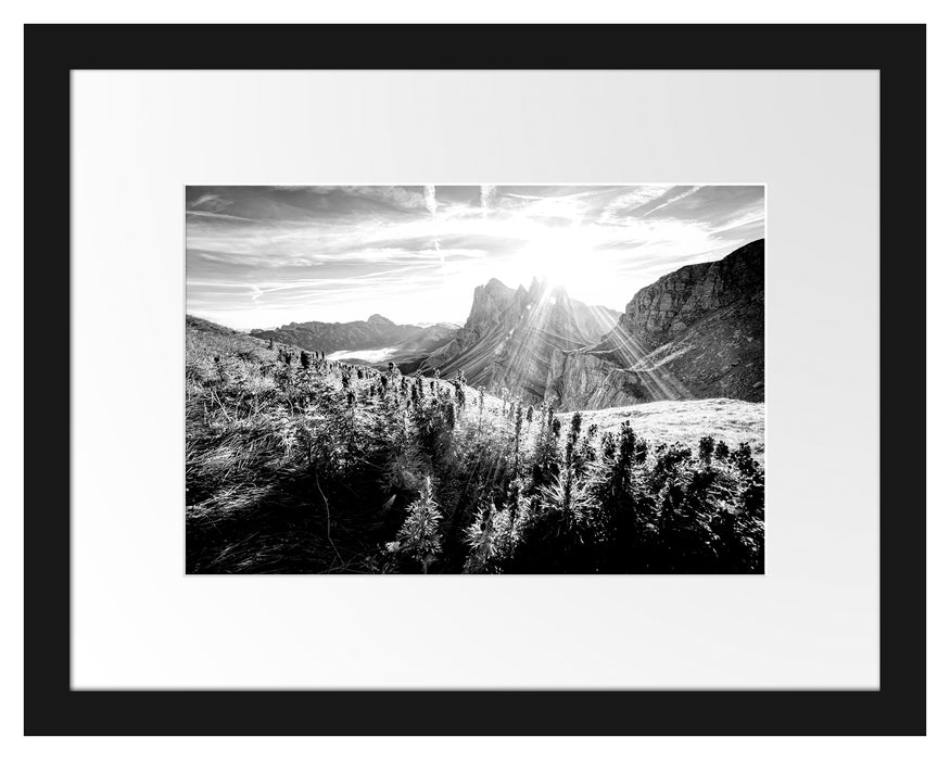 Pixxprint Bergwiese im Puez-Geisler Naturpark, Monochrome, im Galerie-Passepartout Bilderrahmen