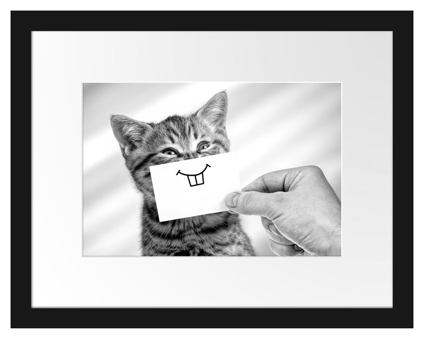 Pixxprint Lustige Katze mit Lächeln auf Papier, Monochrome, im Galerie-Passepartout Bilderrahmen