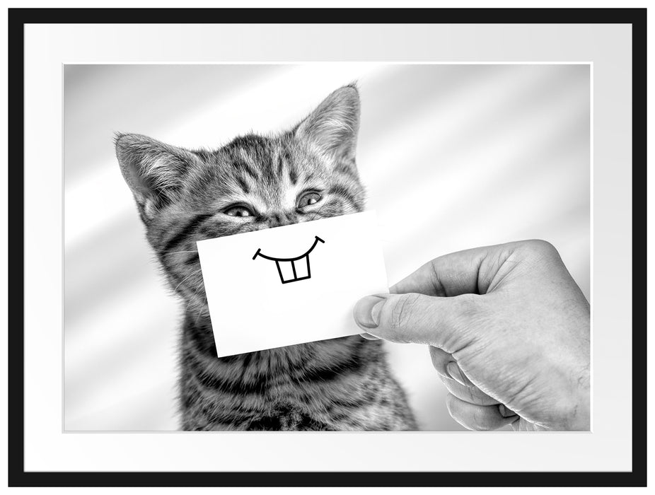 Lustige Katze mit Lächeln auf Papier, Monochrome Passepartout Rechteckig 80