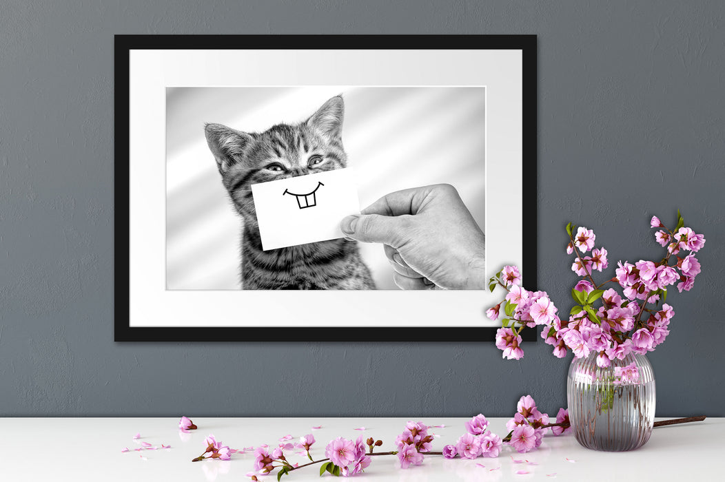 Lustige Katze mit Lächeln auf Papier, Monochrome Passepartout Detail Rechteckig