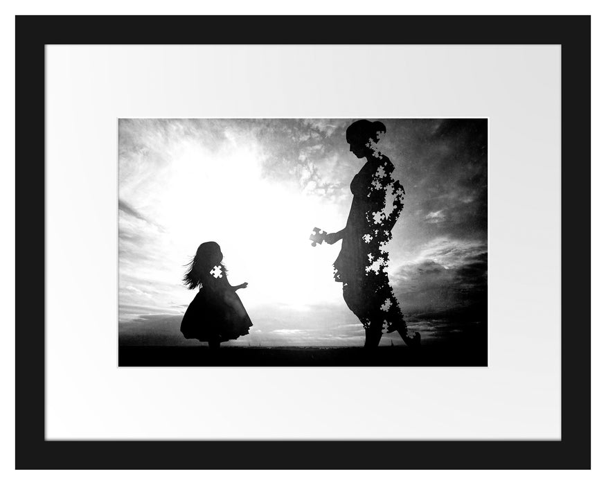 Pixxprint Silhouette Puzzle Mutter und Kind, Monochrome, im Galerie-Passepartout Bilderrahmen