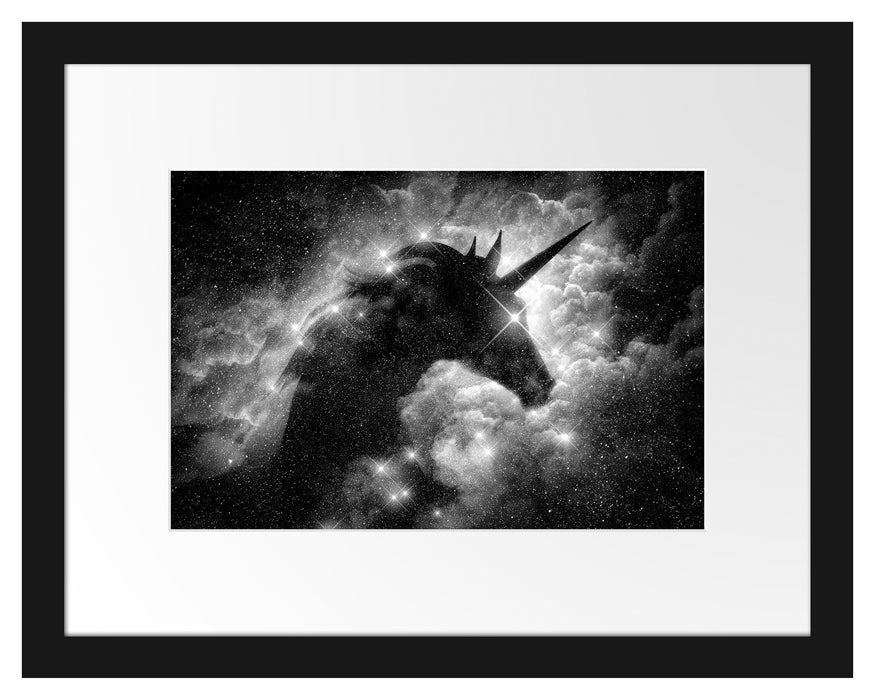 Pixxprint Einhorn Silhouette Galaxie, Monochrome, im Galerie-Passepartout Bilderrahmen