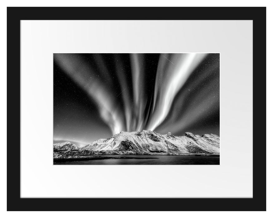 Pixxprint Nordlichter über Gletscher in Norwegen, Monochrome, im Galerie-Passepartout Bilderrahmen