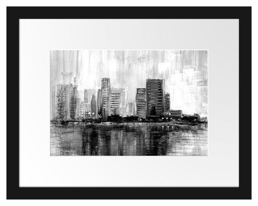 Pixxprint Abstraktes Ölgemälde einer Skyline, Monochrome, im Galerie-Passepartout Bilderrahmen