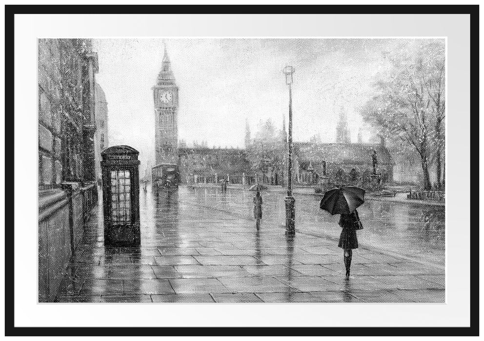 Regentag in London mit Big Ben, Monochrome Passepartout Rechteckig 100