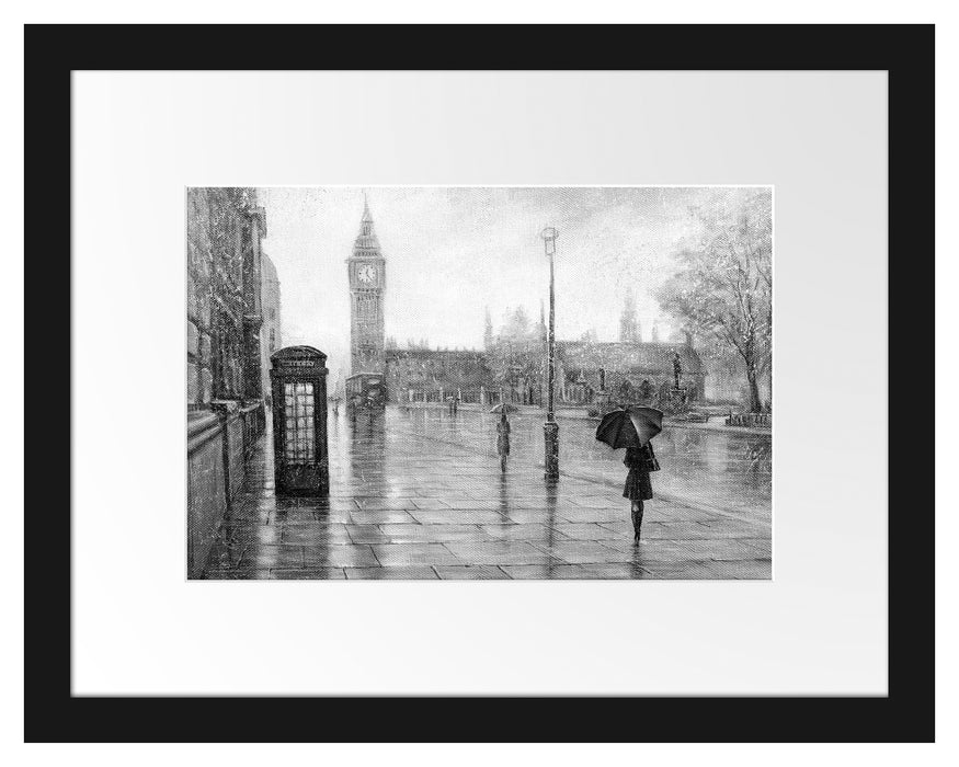 Pixxprint Regentag in London mit Big Ben, Monochrome, im Galerie-Passepartout Bilderrahmen
