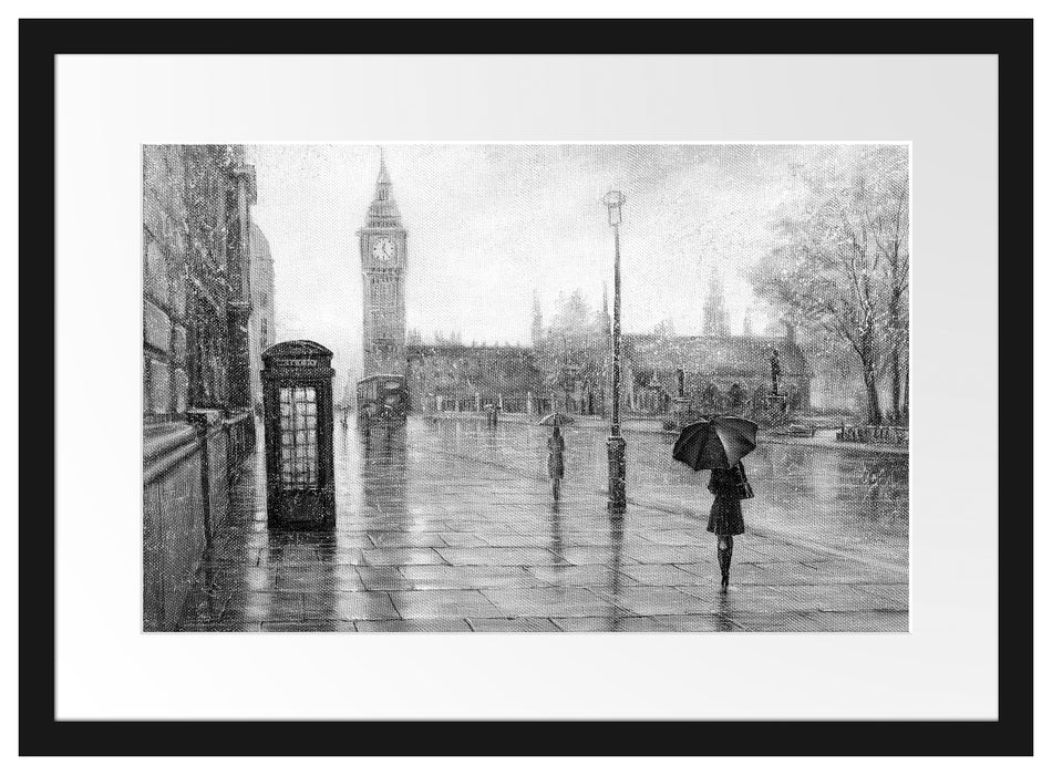 Regentag in London mit Big Ben, Monochrome Passepartout Rechteckig 40