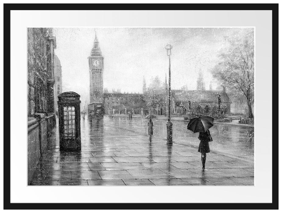 Regentag in London mit Big Ben, Monochrome Passepartout Rechteckig 80