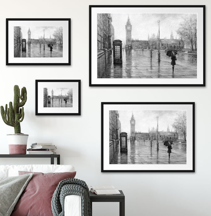 Regentag in London mit Big Ben, Monochrome Passepartout Wohnzimmer Rechteckig