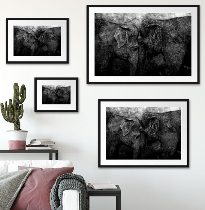 Schmusendes altes Elefantenpaar, Monochrome Passepartout Wohnzimmer Rechteckig
