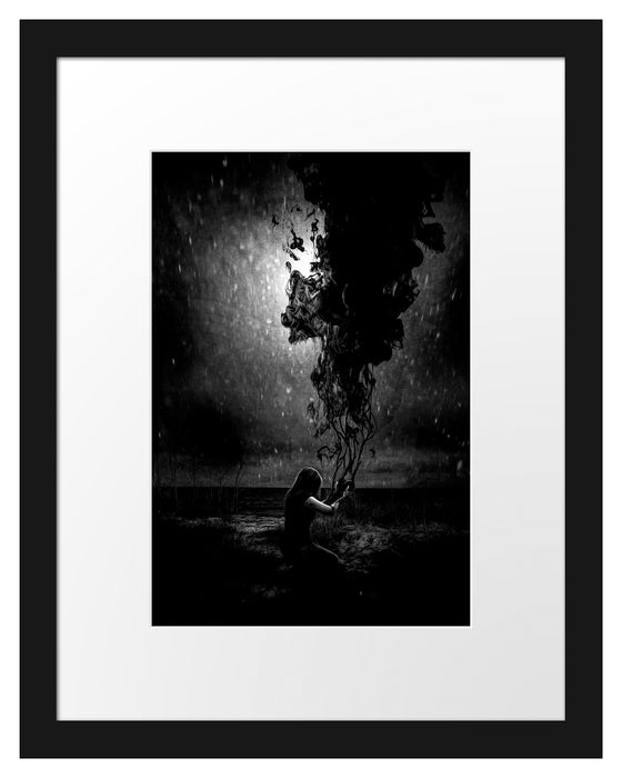 Pixxprint Kniende Frau mit dunklen Dämonen, Monochrome, im Galerie-Passepartout Bilderrahmen
