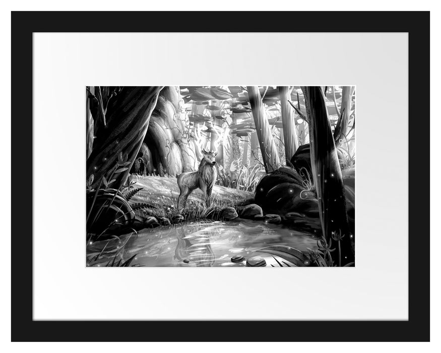 Pixxprint Märchenhafter Hirsch an buntem Waldsee, Monochrome, im Galerie-Passepartout Bilderrahmen