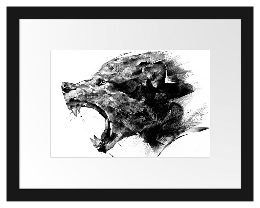 Pixxprint Abstrakter Wolfskopf im Profil, Monochrome, im Galerie-Passepartout Bilderrahmen