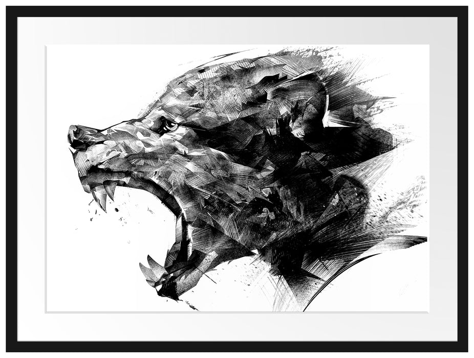 Abstrakter Wolfskopf im Profil, Monochrome Passepartout Rechteckig 80