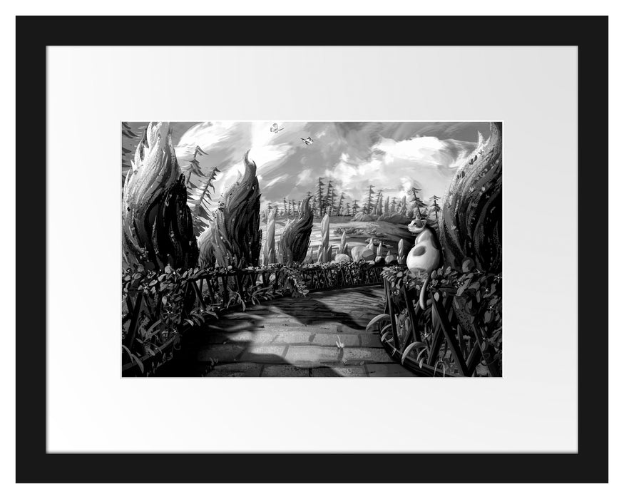Pixxprint Katze auf Geländer im Wald, Monochrome, im Galerie-Passepartout Bilderrahmen