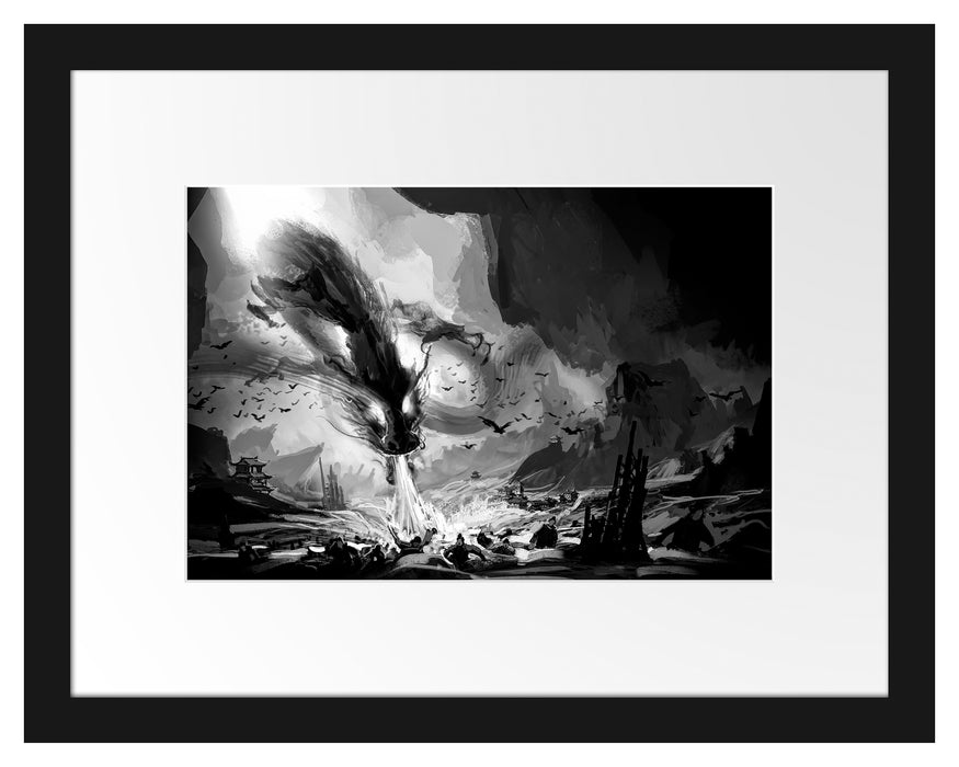 Pixxprint Böser Wasserdrache greift Dorf an, Monochrome, im Galerie-Passepartout Bilderrahmen