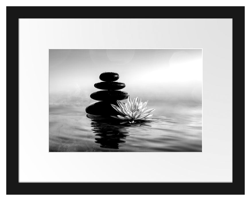 Pixxprint Zensteine mit Seerose im Sonnenuntergang, Monochrome, im Galerie-Passepartout Bilderrahmen