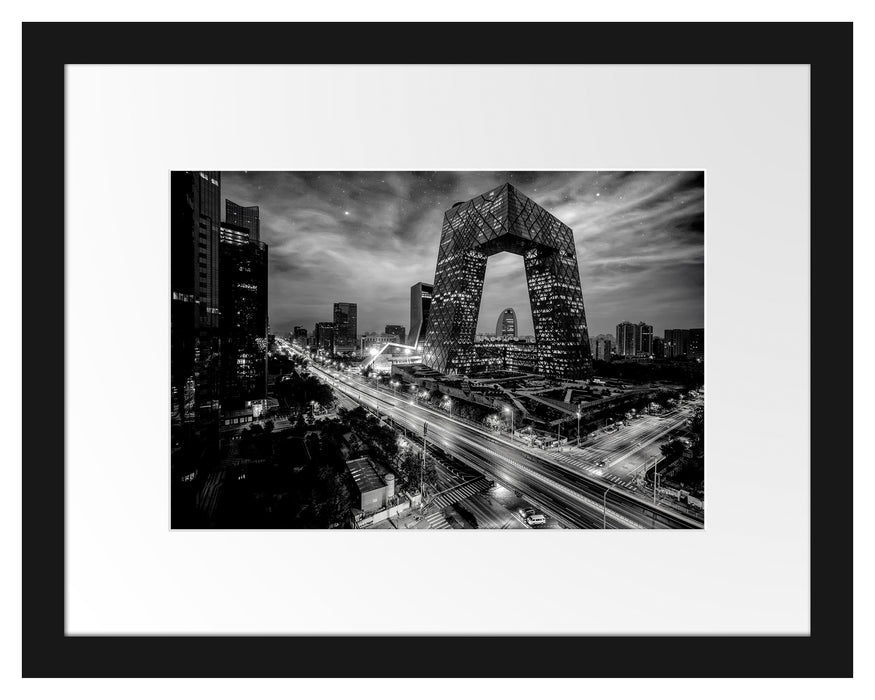 Pixxprint Straßenlichter bei Nacht in Peking, Monochrome, im Galerie-Passepartout Bilderrahmen