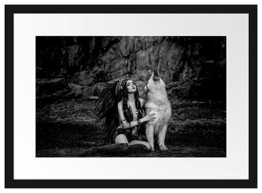 Indianische Frau und heulender Wolfshund, Monochrome Passepartout Rechteckig 40