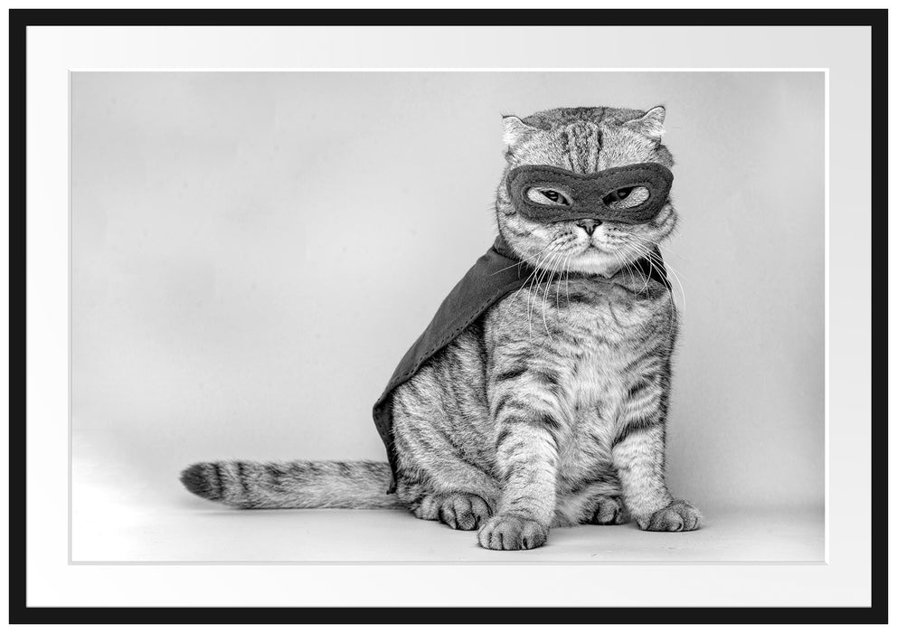 Süße Katze im Superheldenkostüm, Monochrome Passepartout Rechteckig 100